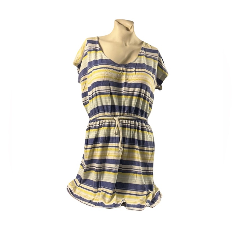 GAP Striped Short Sleeve Drawstring Dress in Yellow, Navy & Gray